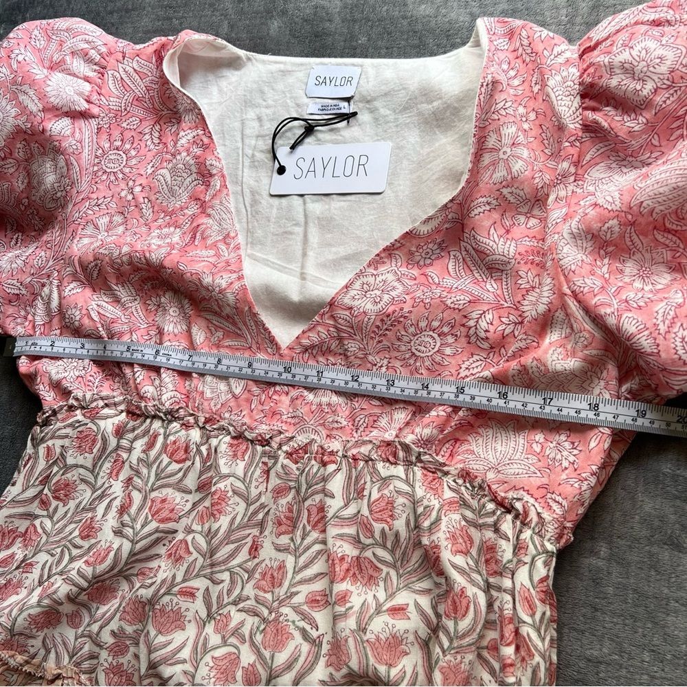 NEW SAYLOR Mini Dress Sz L Leigha Puff Sleeve Floral Boho Pink Baby Doll Garden - Picture 11 of 15